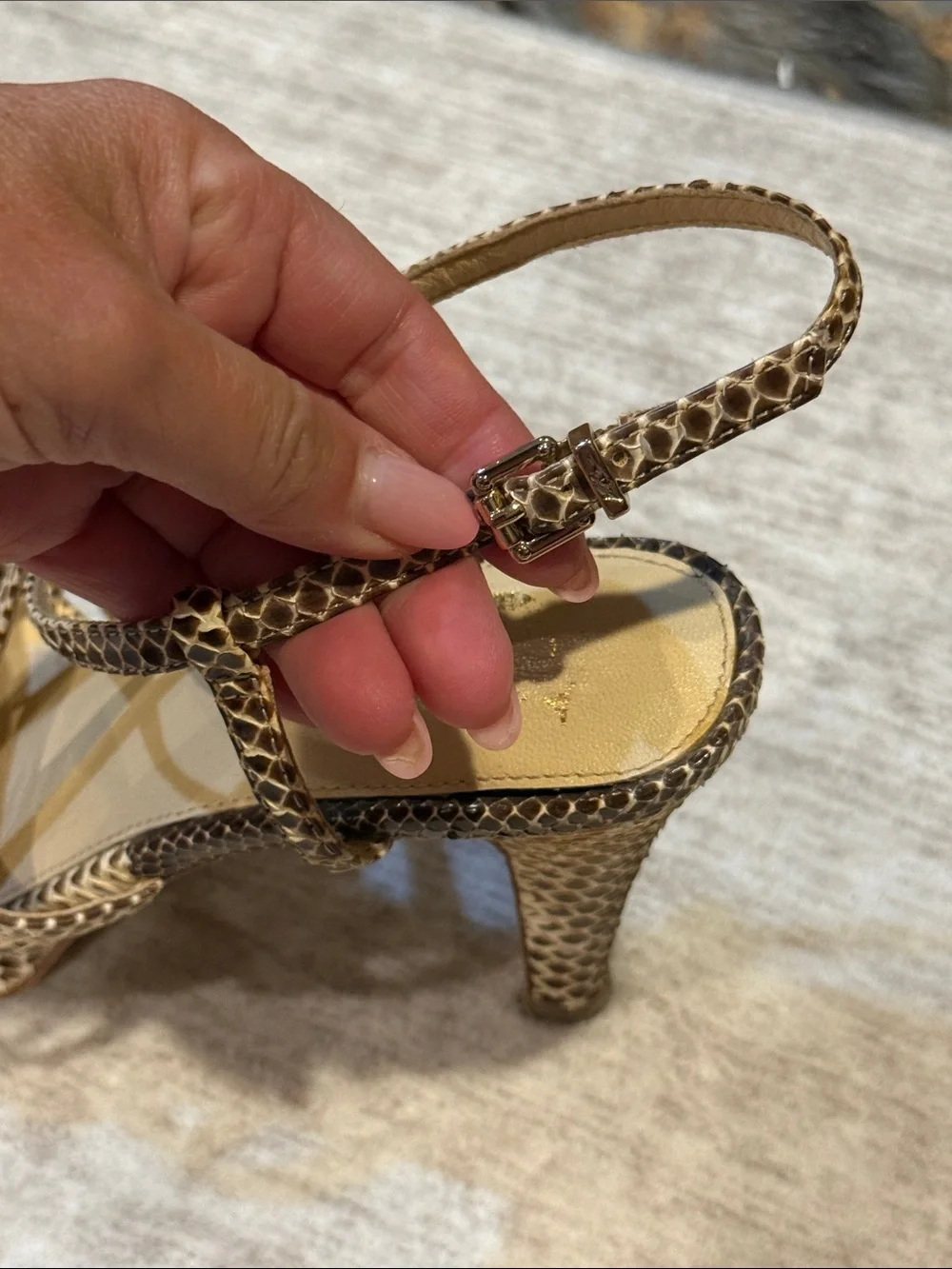 Women’s 7.5 Snake-Print Strappy Heels in Brown and Tan with platform